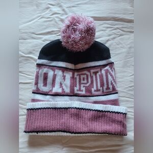 PINK Victoria's Secret Black and Pink Pom-Pom Beanie